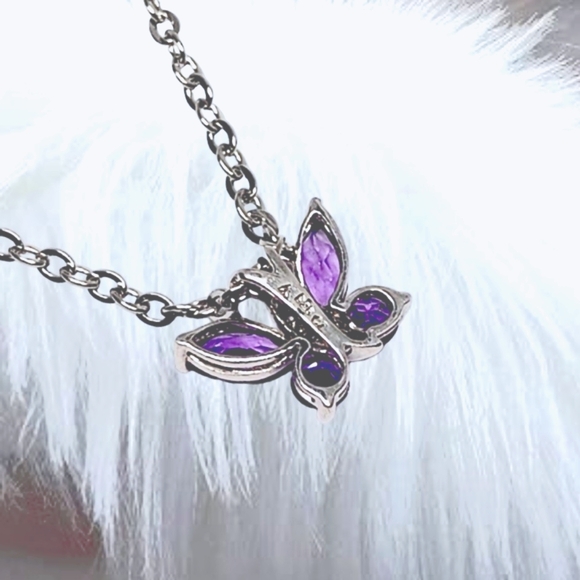 .Sterling Silver Butterfly Pendant with Natural Amethyst. Stainless Steel Neck - Picture 5 of 8